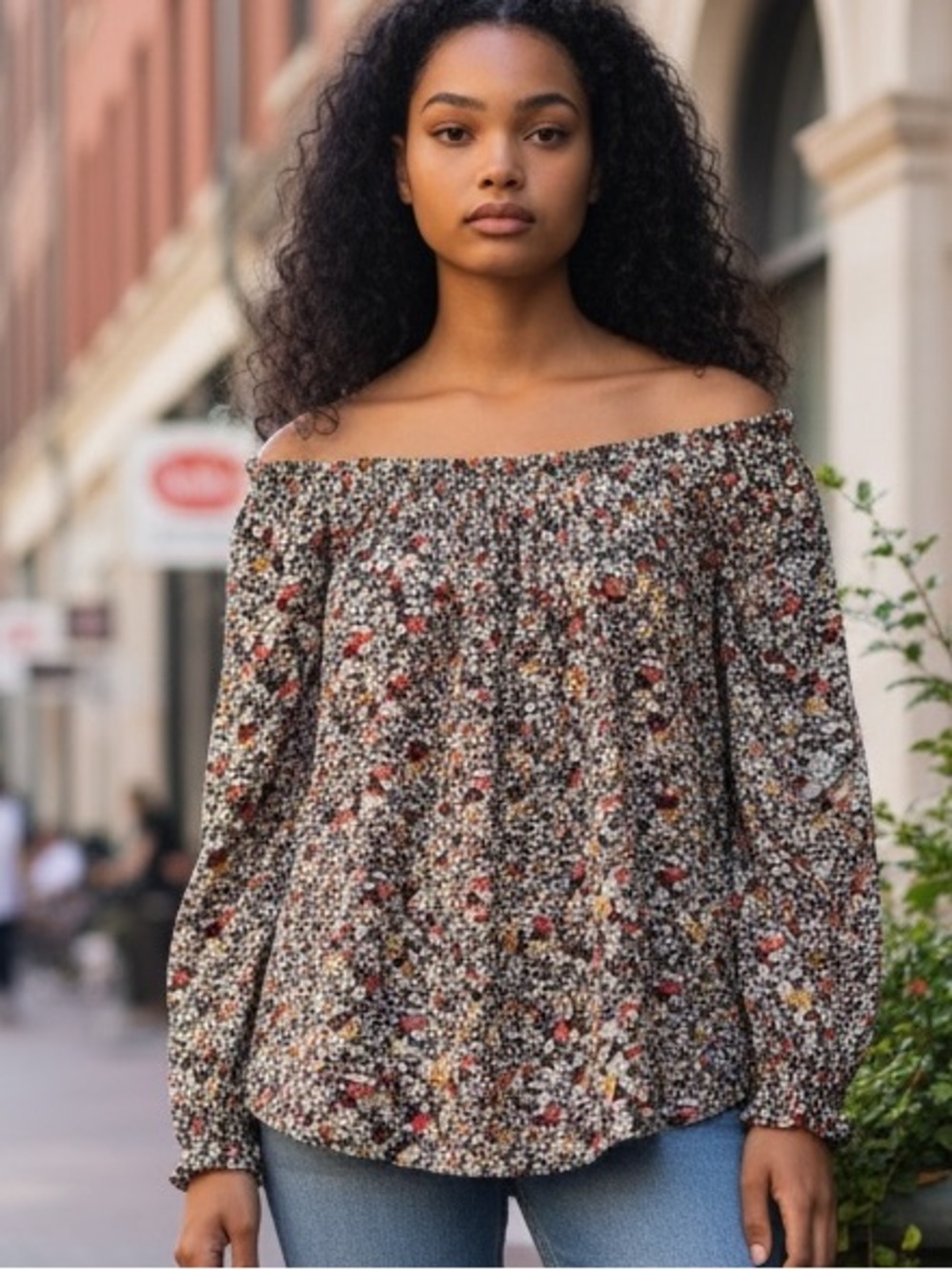 TREASURE & BOND cotton too, off shoulder, earth tones, long full sleeves